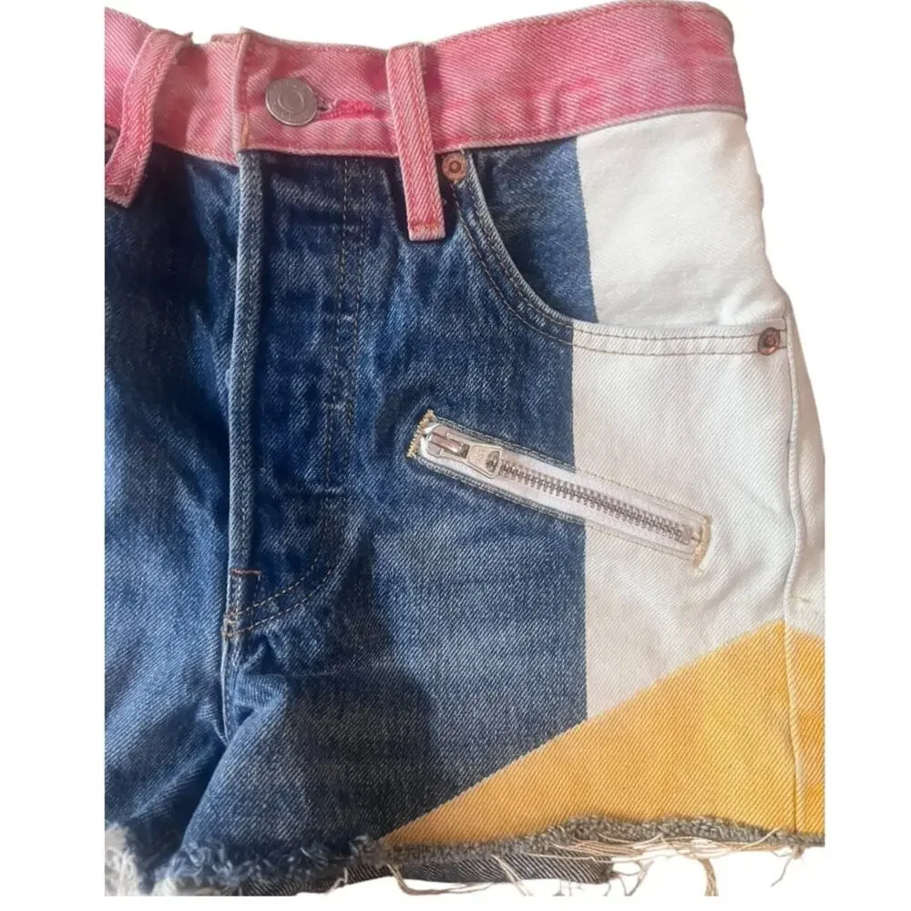 Levis 501 High Rise Medium Wash Color Block Denim Shorts 24 Retro Funky Cutoff